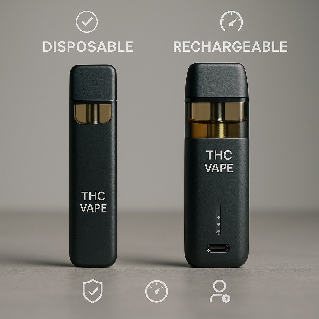 A side-by-side comparison of a disposable and rechargeable THC vape device on a neutral